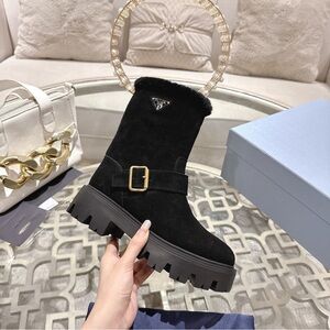Prada Black Winter Boots with Gold Buckle